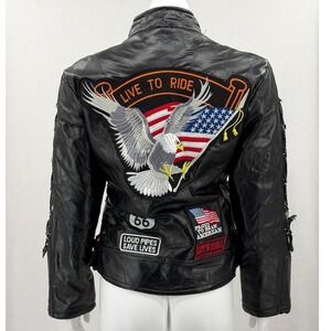 Diamond Plate Jacket Womens Small Black Buffalo Leather Patchwork Biker Moto‎